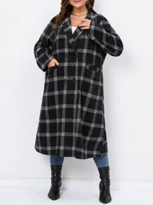 SHEIN LUNE Plus Plaid Lapel Neck Double Breasted Coat - Black - View 4