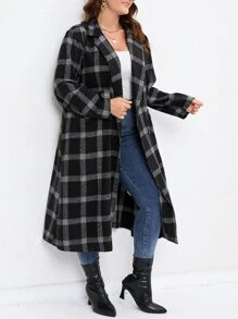 SHEIN LUNE Plus Plaid Lapel Neck Double Breasted Coat - Black - View 5