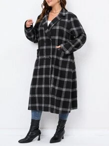 SHEIN LUNE Plus Plaid Lapel Neck Double Breasted Coat - Black - View 6