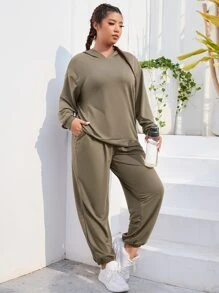 Plus Drop Shoulder Sports Hoodie & Joggers - Mocha Brown - View 5