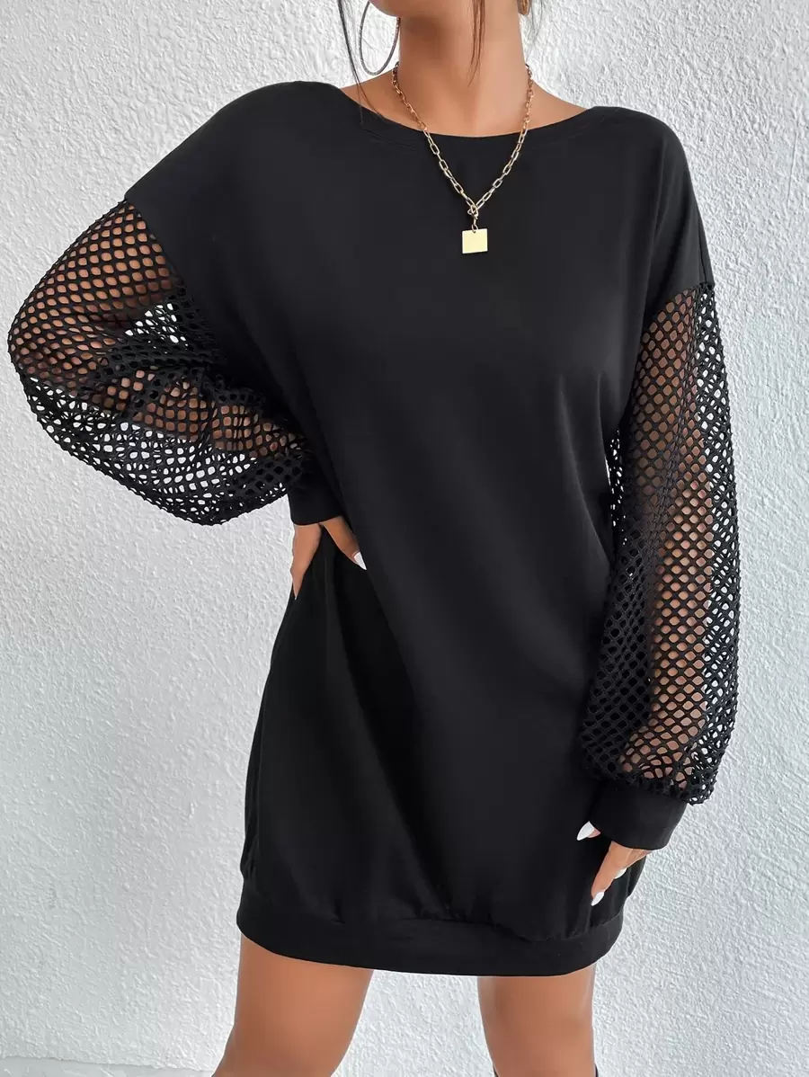 Firerie Contrast Fishnet Drop Shoulder Sweatshirt,Elegant ,Black In Fall/Winter - Black - View 1