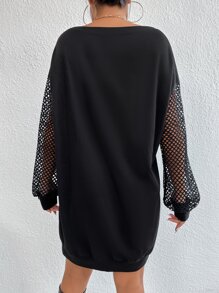 Firerie Contrast Fishnet Drop Shoulder Sweatshirt,Elegant ,Black In Fall/Winter - Black - View 2
