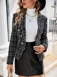 SHEIN Privé Plaid Pattern Lapel Collar Double Breasted Tweed Blazer, Winter, Business Casual, Elegant, Black And White Plaid Tweed - Black and White - View 1