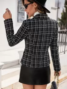 SHEIN Privé Plaid Pattern Lapel Collar Double Breasted Tweed Blazer, Winter, Business Casual, Elegant, Black And White Plaid Tweed - Black and White - View 2