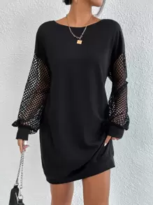 Firerie Contrast Fishnet Drop Shoulder Sweatshirt,Elegant ,Black In Fall/Winter - Black - View 4