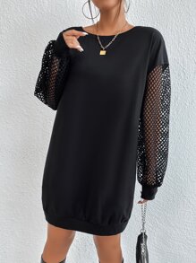 Firerie Contrast Fishnet Drop Shoulder Sweatshirt,Elegant ,Black In Fall/Winter - Black - View 5