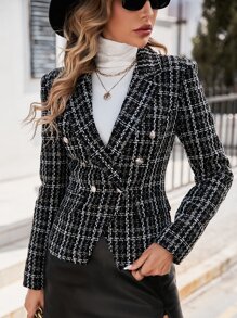 SHEIN Privé Plaid Pattern Lapel Collar Double Breasted Tweed Blazer, Winter, Business Casual, Elegant, Black And White Plaid Tweed - Black and White - View 4