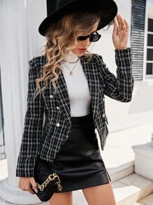 SHEIN Privé Plaid Pattern Lapel Collar Double Breasted Tweed Blazer, Winter, Business Casual, Elegant, Black And White Plaid Tweed - Black and White - View 5