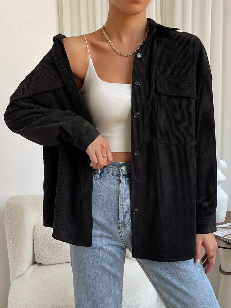 SHEIN EZwear 秋冬落肩翻盖口袋灯芯绒大衣