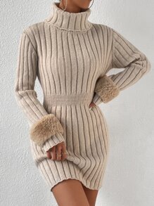 Chiquease Vestido de punto cuello alto tejido de canalé sin cinturón - Albaricoque - Ver 2