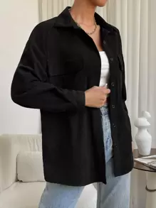 SHEIN EZwear 秋冬落肩翻盖口袋灯芯绒大衣