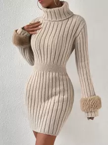 Chiquease Vestido de punto cuello alto tejido de canalé sin cinturón - Albaricoque - Ver 3