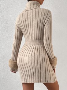 Chiquease Vestido de punto cuello alto tejido de canalé sin cinturón - Albaricoque - Ver 4