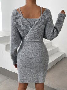 SHEIN Privé Dolman Sleeve Overlap Collar Jumper Dress - Grey - View 4