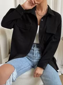 SHEIN EZwear 秋冬落肩翻盖口袋灯芯绒大衣