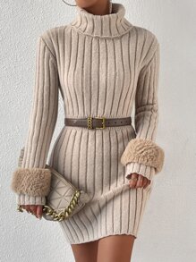 Chiquease Vestido de punto cuello alto tejido de canalé sin cinturón - Albaricoque - Ver 1