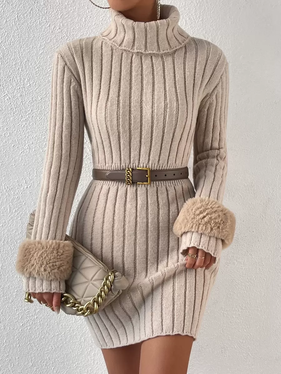 Chiquease Vestido de punto cuello alto tejido de canalé sin cinturón - Albaricoque - Ver 1