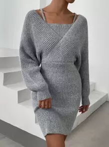 SHEIN Privé Dolman Sleeve Overlap Collar Jumper Dress - Grey - View 5