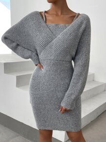 SHEIN Privé Dolman Sleeve Overlap Collar Jumper Dress - Grey - View 6
