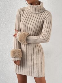 Chiquease Vestido de punto cuello alto tejido de canalé sin cinturón - Albaricoque - Ver 6