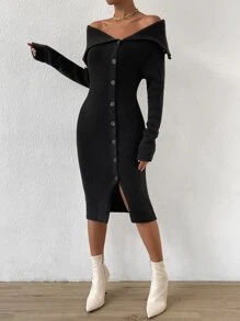 SHEIN Privé Vestido de punto de hombros descubiertos doblado con botón - Negro - Ver 5