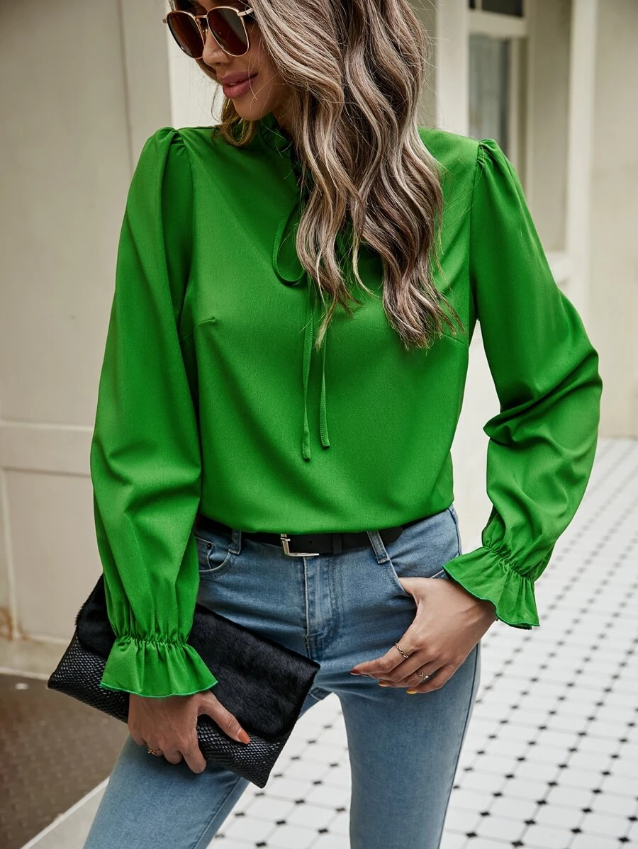 Tie Neck Flounce Sleeve Blouse - Green - View 1