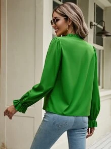 Tie Neck Flounce Sleeve Blouse - Green - View 2