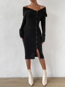 SHEIN Privé Vestido de punto de hombros descubiertos doblado con botón - Negro - Ver 6