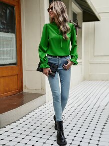 Tie Neck Flounce Sleeve Blouse - Green - View 3