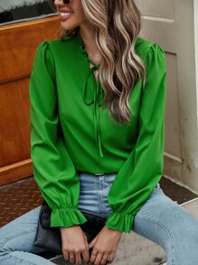 Tie Neck Flounce Sleeve Blouse - Green - View 4