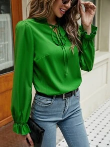 Tie Neck Flounce Sleeve Blouse - Green - View 5
