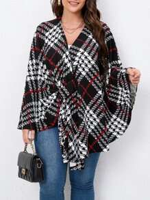 SHEIN LUNE Plus Plaid Print Cape Coat - Black and White - View 3