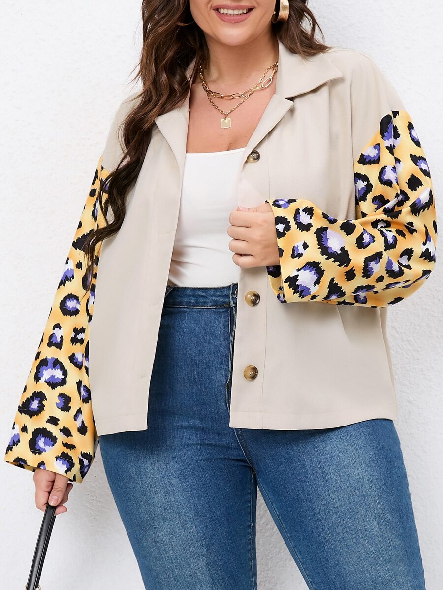SHEIN LUNE 大碼豹紋印花落肩袖夾克 - 米色 - 查看 1