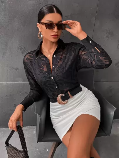 Aveloria Modichic Camisa transparente sin sujetador con botones para usar en el trabajo, elegante camisa de negocios casual con botones para mujer, blusas de manga larga