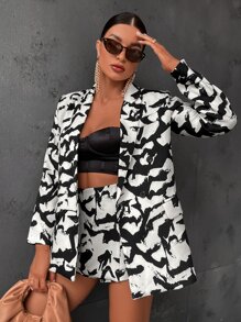 SHEIN Privé Blazer con estampado de doble botonadura & Shorts - Blanco y Negro - Ver 1