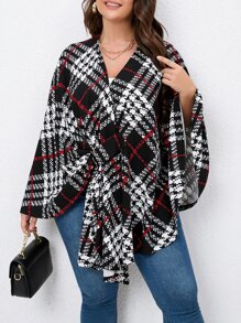 SHEIN LUNE Plus Plaid Print Cape Coat - Black and White - View 1