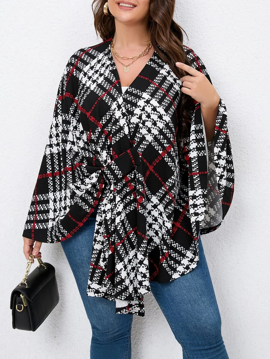 SHEIN LUNE Plus Plaid Print Cape Coat - Black and White - View 1