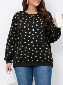 SHEIN LUNE Sudadera con estampado de estrella de hombros caídos - Negro - Ver 3