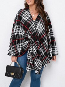 SHEIN LUNE Plus Plaid Print Cape Coat - Black and White - View 4
