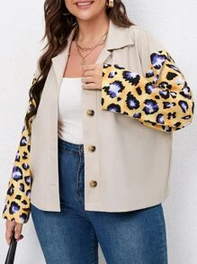 SHEIN LUNE 大碼豹紋印花落肩袖夾克 - 米色 - 查看 3