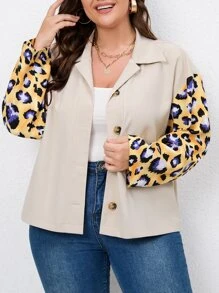 SHEIN LUNE 大碼豹紋印花落肩袖夾克 - 米色 - 查看 4