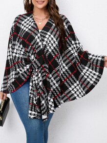 SHEIN LUNE Plus Plaid Print Cape Coat - Black and White - View 5