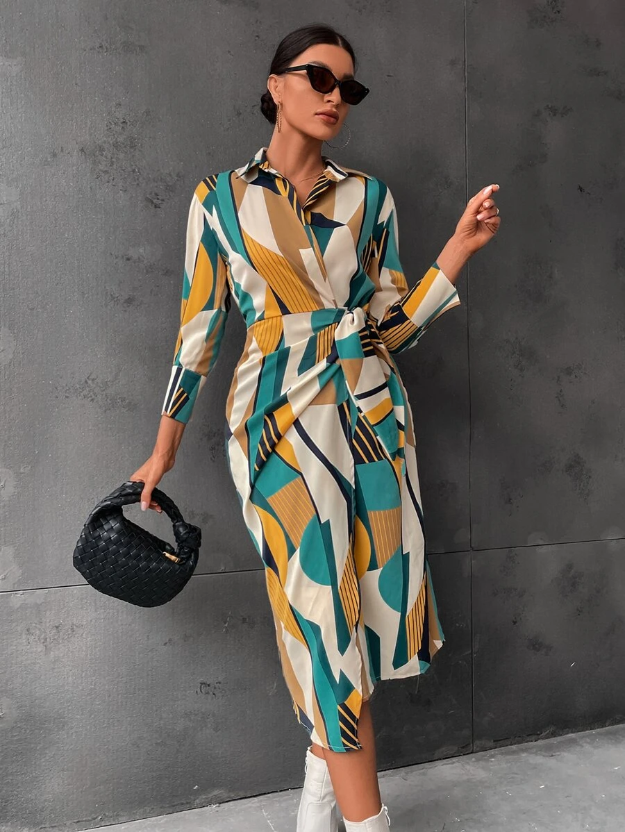 SHEIN BIZwear Random Geo Print Ruched Wrap Knot Side Dress Workwear - Multicolor - View 1