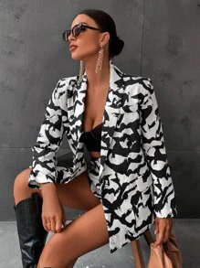 SHEIN Privé Blazer con estampado de doble botonadura & Shorts - Blanco y Negro - Ver 4