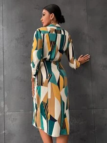 SHEIN BIZwear Random Geo Print Ruched Wrap Knot Side Dress Workwear - Multicolor - View 2