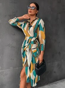 SHEIN BIZwear Random Geo Print Ruched Wrap Knot Side Dress Workwear - Multicolor - View 3