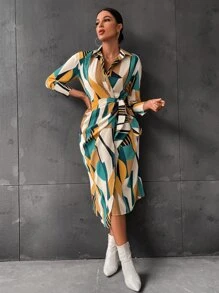 SHEIN BIZwear Random Geo Print Ruched Wrap Knot Side Dress Workwear - Multicolor - View 4