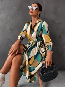 SHEIN BIZwear Random Geo Print Ruched Wrap Knot Side Dress Workwear - Multicolor - View 6