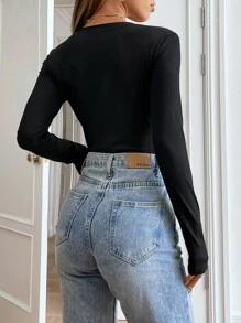 SHEIN EZwear 條紋針織半排扣連身背心 - 黑色 - 查看 2