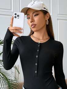 SHEIN EZwear 條紋針織半排扣連身背心 - 黑色 - 查看 3